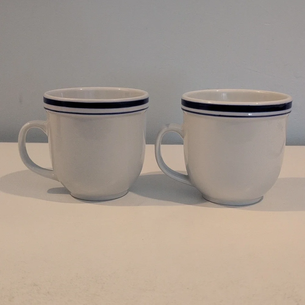 Pottery Barn Ceramic 12 Ounce Club Blue Coffee Mug Set.